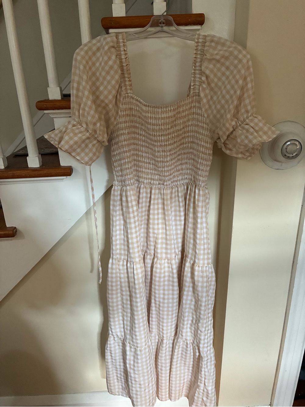 Smocked Square-Neck Gingham Maxi Dress in Light Cream